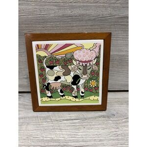 Vintage 1980s Gailstyn Sutton Tile Trivet Whimsical Wall Hang Cow (e5)